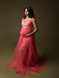 Women's Short-Sleeved Lace Splicing Mesh Pregnant Woman'stail Dress Photo Dress 1223 Maternity