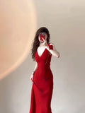 Mermaid V Neckline Christmas Dress Red Satin Prom Dresses Birthday Outfits SD1170