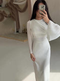 Solid Color Simple Pocket Sexy Bag Dress Long Sleeve Folds Elegant High-End Feel Dress