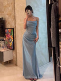 Mermaid Spaghetti Straps Blue Sequin Prom Dresses Birthday Outfits With Ruffle SD1139