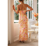 Women's New Slingless Sleeveless Laminated V-Necked Leaf-Side Dress HZ0628