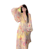 Court Lantern Sleeve Yellow Print Dress Photo Long Dress Bohemian Beach Dress Women's Summer