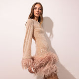 New Women's Waist Sexy Dress Dress With Long Sleeves And Feathers