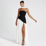 Women's Black And White Bumping Round Neck Irregular Opening Dress DJPT