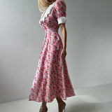 Women's Summer Printing Dolls To Receive Waist Thin Temperament Bubble Sleeve Dress