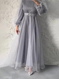 Spring 2024 New Half-High Neckernet Yarn Elegant Thin Lantern Sleeve Dress Woman