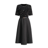 Elegant Wind 2025 Summer New Heavy Industry Embroidery Beads Design Fake Two Waist Dress Dress Dress