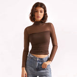 Women's High-Collar Mesh Splicing Long Sleeve Sexy Perspective Short Top DJPT
