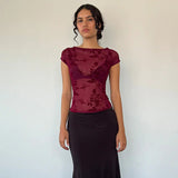 Mesh Perspective Hottie Retro Print Short-Sleeved T-Shirt Girl Ins Summer New Set Of Clothes DJPT