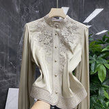 Silk Embroidery Shirt Women 2025 Early Spring New Court Style Collar Hollow Shirt Lady Temperament Elegant DJPT
