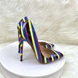 Color Striped High Heels 12CM Pointed Thin-Heeled Women's Shoes Banquet Shoes High Quality Shoes