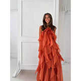 Women's Clothing Hanging Neck Sleeveless Backlace With Multi-Layer Lotus Edge Court Style Elegant Dress HZ0628