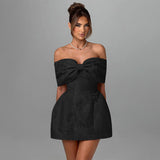 Word Shoulder Bow Sexy Bareback Dress Female Temperament Dress Skirt DJPT
