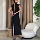 Fashion Temperament Round-Neck Sleeveless Zipper Repair Waist Open Dress