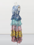 Retro Niche Print Cake Dress 2025 Summer New Hanging Neck Sleeveless Long Dress Woman