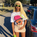 Basic Round-Neck Portrait Print Short-Sleeved T-Shirt Girl Summer Bhuff Loose Casual Top DJPT