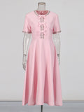 Vintage Sweet Dress 2025 Summer Round Collared Diamond Bow Tie To Receive Waist Solid Color Dress Dress Woman
