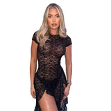 New Women's Solid-Colored Round-Neck Short-Sleeved Lace Dress DJPT