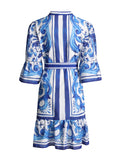 Vintage 2025 Summer New Round-Neck Long Horn Sleeve Blue Printed Dress Woman