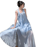 Luxury Small Loose Blue Hanging Neck Morning Robe Three-Dimensional Flower Beach Dress Dress Bridal Dress Female