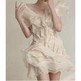 Niche French Lotus-Side Fairy-Style Fascles Languid Languie Shoulder Irregular Dress