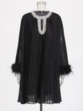 Court Niche Design Mid-Term 2025 New Diamond-Coated Collar Hollow Long-Sleeved Ostrich Wool Dress