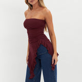 Women's Clothing 2024 New Solid Color Repair Irregular Lotus Leaf Side High-Waist Net Yarn Top DJPT