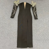 Card Shoulder Long Sleeves Chest V-Neck Pattern Hot Diamond Banded Dress Sexy Temperament Dress Dress