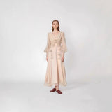 Spring And Autumn V-Neck Lantern Sleeve With Three-Dimensional Flower Design Dress