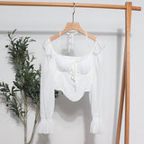 Girls Shoulder-Hanging Neck With Long-Sleeved Slings With Smear Wooden Ear-Deared Shirt Short With Chest Cushion Top DJPT