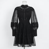 Style Lace Retro Style Heavy Industry Dress 2025 Spring New Collar Lantern Sleeves Waist Lotus Leaf Dress