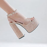 Women Ultra-High Heel Leather Anti-Slip Thick And Thick-Bottom Waterproof Waterproof Platform Water Drill Model Walking Bungod Hate Sky High 15CM High Quality Shoes