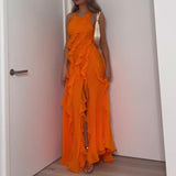 Women's New Sleeveless Irregular Lotus Leaves Side Solid Color Open Dress HZ0628