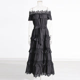 Court Style 2025 New Heavy Industry Lotus Leaf Side Shoulder Shoulder Lace Dress Solid Color Dress Woman