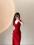 Mermaid V Neckline Christmas Dress Red Satin Prom Dresses Birthday Outfits SD1170