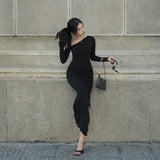 Autumn 2025 New Bag Ass Dress Famous Style Temperament Sex-Slanted Shoulder Long-Sleeved Dress Woman DJPT
