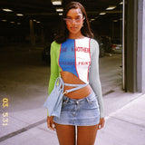 Autumn 2025 New Street Casual Colling Color Print Slanted Strewed Long Sleeve Blouse DJPT