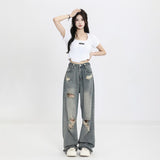 Ripped Jeans Women High-Rise Straights Loose Thin Design High Street Vibe Broad Leg Trousers DJPT