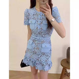 2025 Summer Light Blue Collar Lace Dress Water Diamond Single Buckle Skirt Woman
