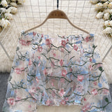 Shoulder Mesh Embroidery Perspective Shirt For Women's Summer Loose Bubble Sleeve Short Hoodie Long-Sleeved Lace Shirt DJPT
