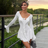 Women's 2024 Lotus Leaf Edge Tie Rope Horn Sleeve Dress DJPT
