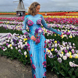 Rose-Print Striped Long-Sleeved Dress 2025 Summer New Temperament-Packed And Hip Dress Girl DJPT