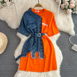 Hong Kong Flavor Temperament With Belt Round Tie Color Denim Shirt Spring New Chic Leisure Medium DJPT