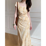 | 2025 Summer New Homemade Elegant [Yellow Rose] Yellow Jahua Short Sleeve Dress DJPT