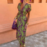 Women's Fashion-Coln Fashion-Print Dress Elegant Body-Dress V-Neck Short-Sleeved Dress DJPT