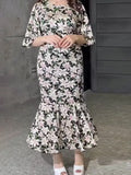 East 2024 Spring New Printing Waist Thin Exotic Style Long-Sleeved Long-Sleeved Dress Woman