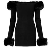 Zhiya With The Same Sexual Passion Shoulder Hair Collar Slim Thin Knit Long-Sleeved Ass Dress Woman