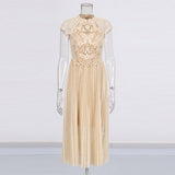 Wind Champagne Embroidered Dress Mid-Long Dress 2025 New Female Collar Bag Sleeve Design Waist Dress