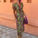 Women's Fashion-Coln Fashion-Print Dress Elegant Body-Dress V-Neck Short-Sleeved Dress DJPT