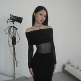 Autumn Famous Style Temperament Sexy Body Shoulder Mesh Stitching Dress Woman DJPT